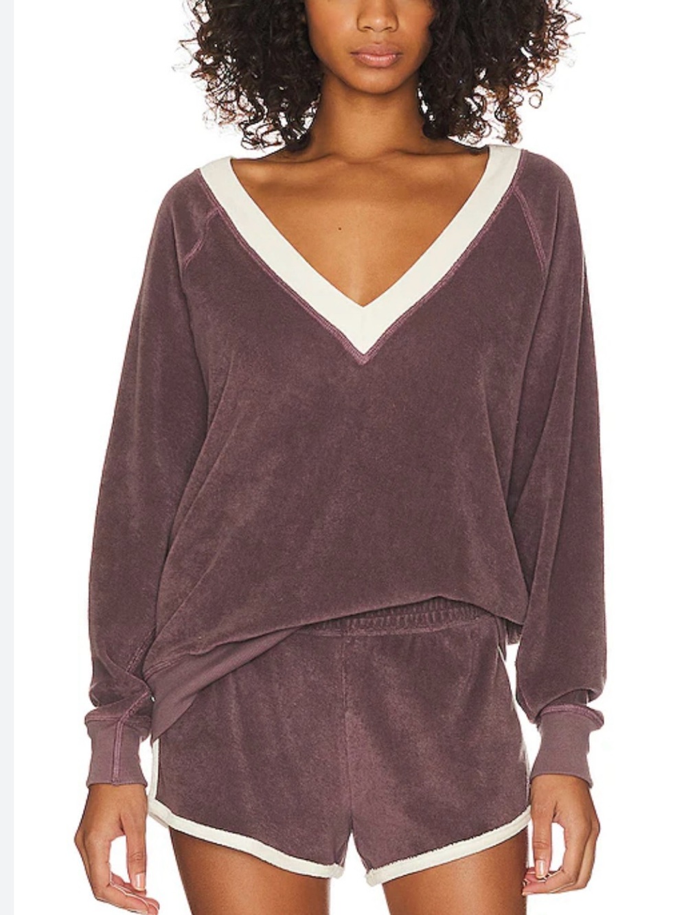 THE GREAT. Micro terry  Top in Plum with Cream Trim worn a few times size 1